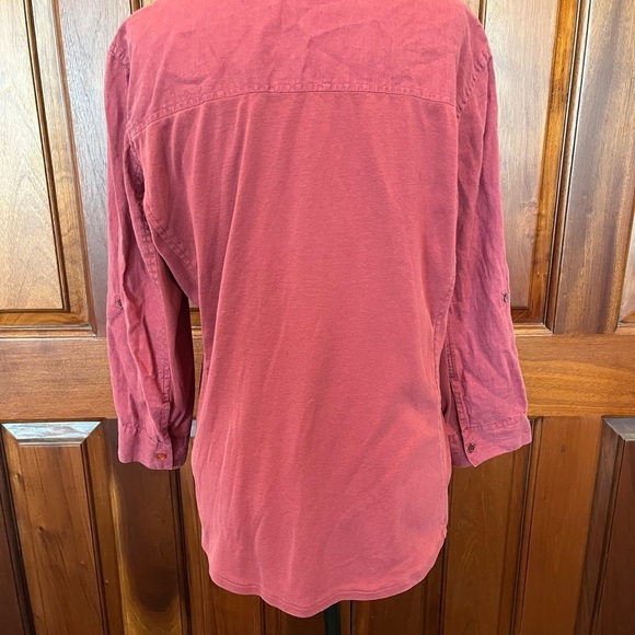 Eileen Fisher Womens Irish Linen Button-Up Shirt Coral Roll-Tab Sleeves Sz M - Picture 2 of 10